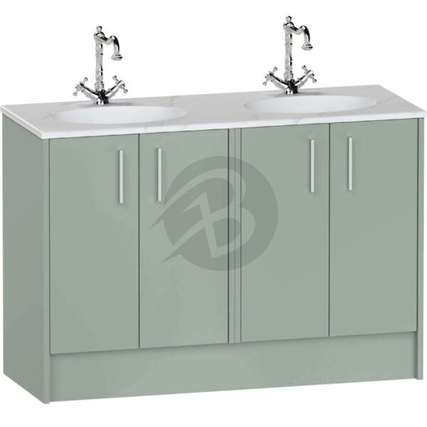 Calypso Brecon 4 Door Floor Standing Vanity Unit With Calypstone Aura Cirrus White Double Basin – 1200mm Wide – No TH - Soft Green