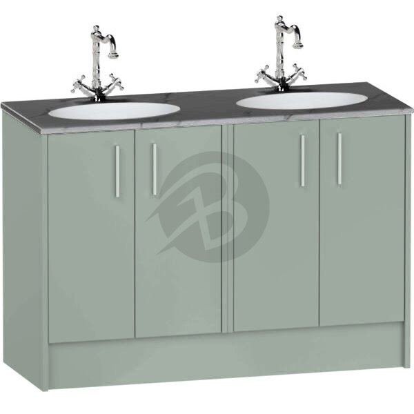 Calypso Brecon 4 Door Floor Standing Vanity Unit With Calypstone Aura Storm Grey Double Basin – 1200mm Wide – No TH - Soft Green
