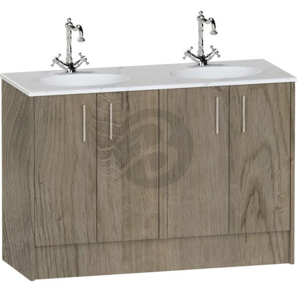 Calypso Brecon 4 Door Floor Standing Vanity Unit With Calypstone Aura Cirrus White Double Basin – 1200mm Wide – No TH - Shorewood