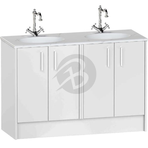 Calypso Brecon 4 Door Floor Standing Vanity Unit With Calypstone Aura Cirrus White Double Basin – 1200mm Wide – No TH - Soft White