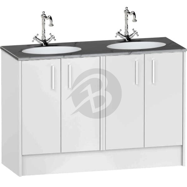 Calypso Brecon 4 Door Floor Standing Vanity Unit With Calypstone Aura Storm Grey Double Basin – 1200mm Wide – No TH - Soft White