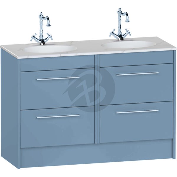Calypso Brecon 4 Drawer Floor Standing Vanity Unit With Calypstone Aura Cirrus White Double Basin – 1200mm Wide – No TH - Dusky Blue