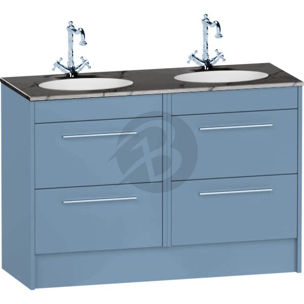 Calypso Brecon 4 Drawer Floor Standing Vanity Unit With Calypstone Aura Storm Grey Double Basin – 1200mm Wide – No TH - Dusky Blue
