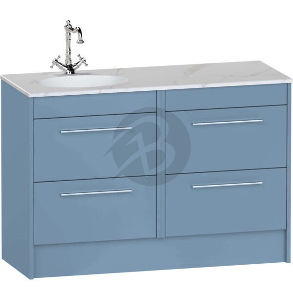 Calypso Brecon 4 Drawer Floor Standing Vanity Unit With Calypstone Aura Cirrus White Basin – 1200mm Wide – No TH – LH - Dusky Blue