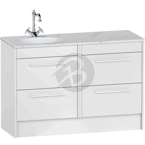 Calypso Brecon 4 Drawer Floor Standing Vanity Unit With Calypstone Aura Cirrus White Basin – 1200mm Wide – No TH – LH - High Gloss White