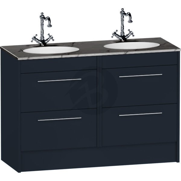 Calypso Brecon 4 Drawer Floor Standing Vanity Unit With Calypstone Aura Storm Grey Double Basin – 1200mm Wide – No TH - Marine Blue