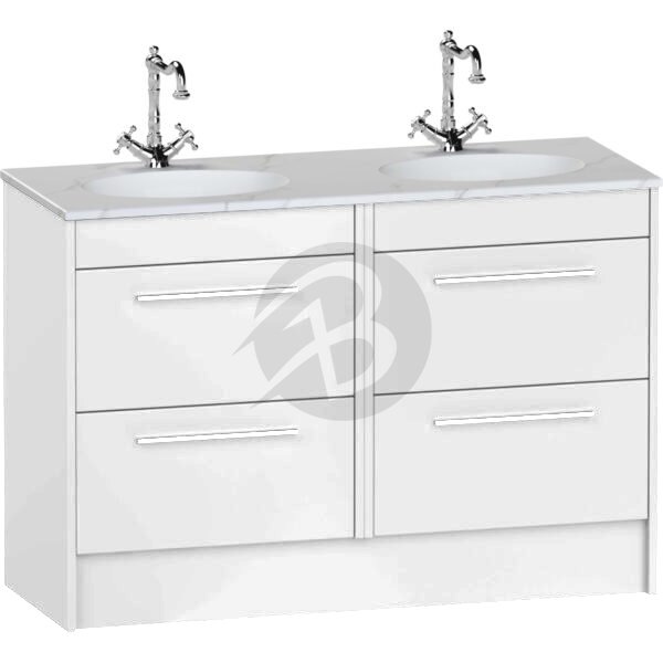 Calypso Brecon 4 Drawer Floor Standing Vanity Unit With Calypstone Aura Cirrus White Double Basin – 1200mm Wide – No TH - Pebble