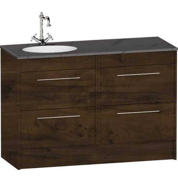 Calypso Brecon 4 Drawer Floor Standing Vanity Unit With Calypstone Aura Storm Grey Basin – 1200mm Wide – No TH – LH - Persian Walnut