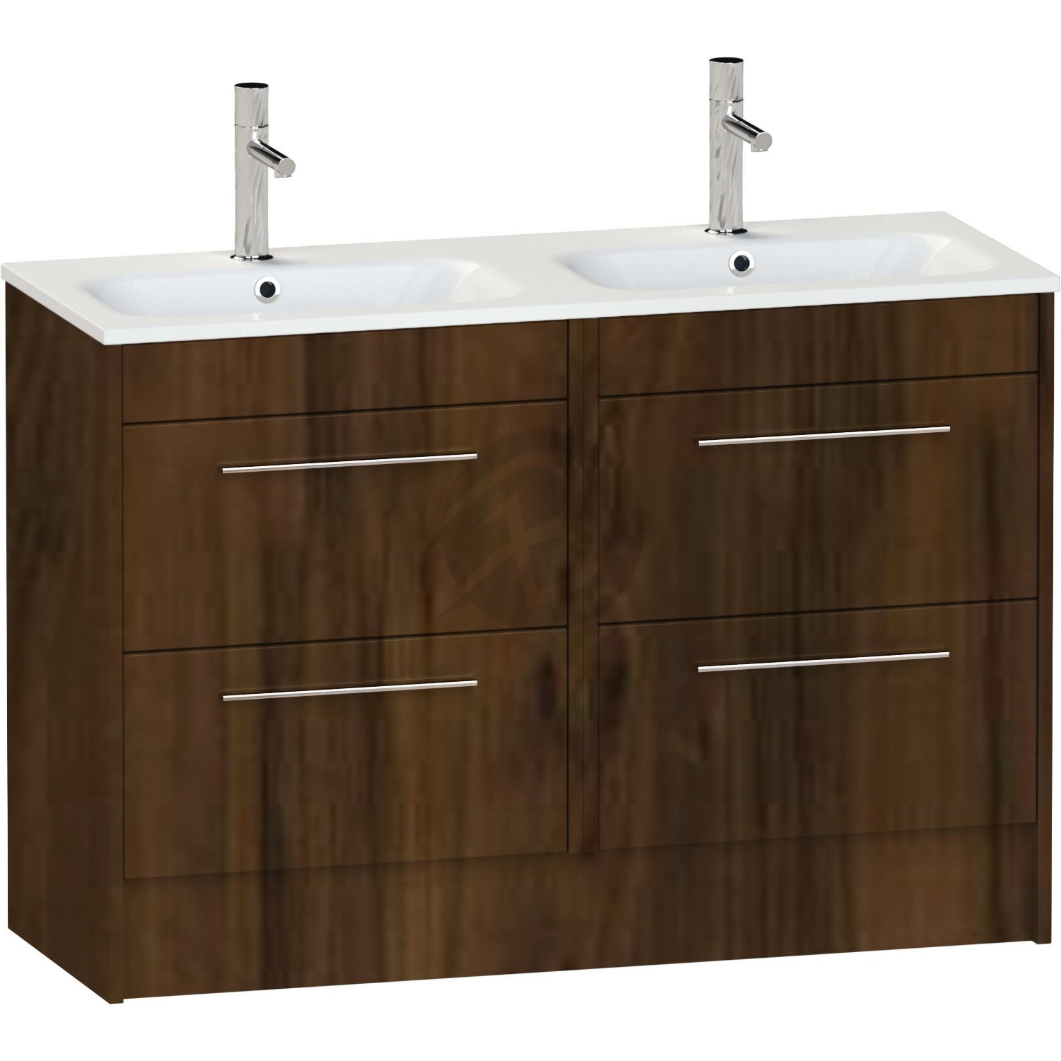 Calypso Brecon 4 Drawer Floor Standing Vanity Unit With Orani Cast Gloss White Double Basin – 1200mm Wide – 1 TH - Persian Walnut