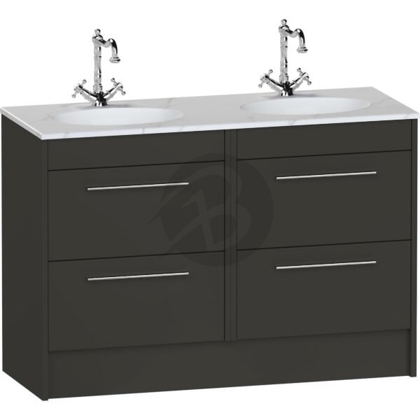 Calypso Brecon 4 Drawer Floor Standing Vanity Unit With Calypstone Aura Cirrus White Double Basin – 1200mm Wide – No TH - Soft Black