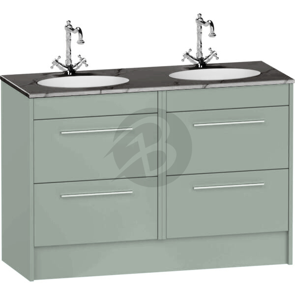 Calypso Brecon 4 Drawer Floor Standing Vanity Unit With Calypstone Aura Storm Grey Double Basin – 1200mm Wide – No TH - Soft Green