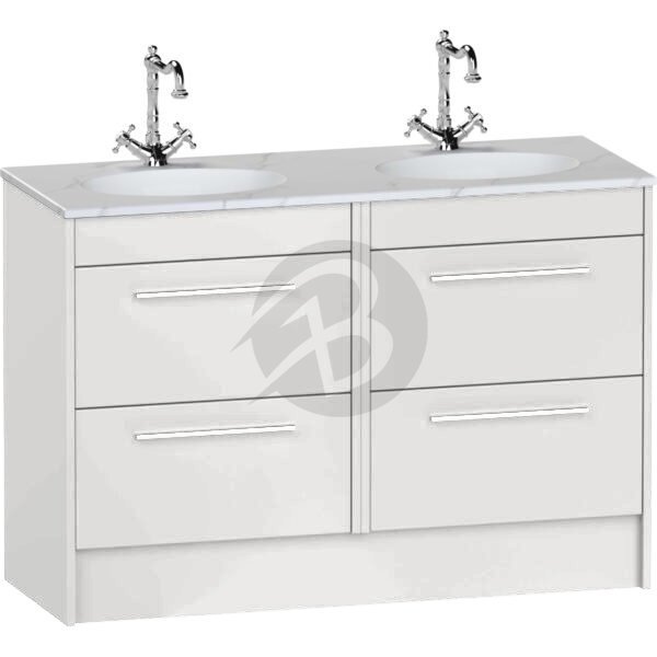 Calypso Brecon 4 Drawer Floor Standing Vanity Unit With Calypstone Aura Cirrus White Double Basin – 1200mm Wide – No TH - Soft White