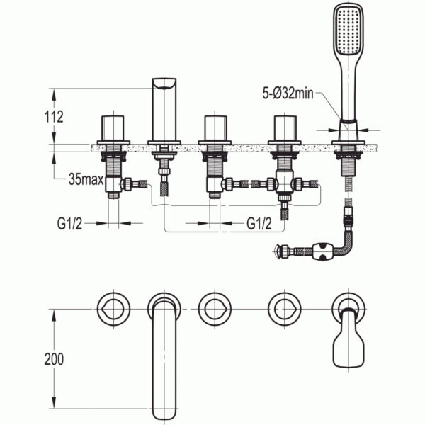 Flova Allore 5-Hole Bath Shower Mixer Tap With Shower Set - Diamond Chrome - Image 2