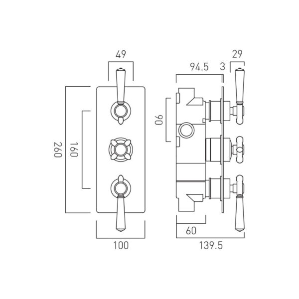 Booth and Co Axbridge 2 Outlet, 3 Handle Thermostatic Concealed Shower Valve - Image 4