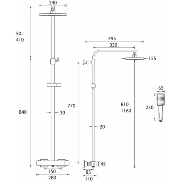 Bristan Carre Adjustable Rigid Riser Diverter Bar Shower - Black - Image 2