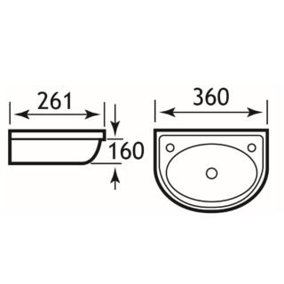 Eastbrook Dura Cloakroom Wall Hung Basin - 360mm Wide - 2 TH - White - Image 2