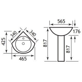 Eastbrook Dura Corner Basin With Full Pedestal- 465mm Wide - 1 TH - White - Image 2