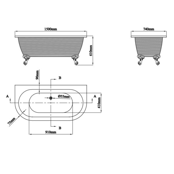 Eastbrook Mortlake Freestanding Bath - 1500mm x 740mm - No TH - Image 11