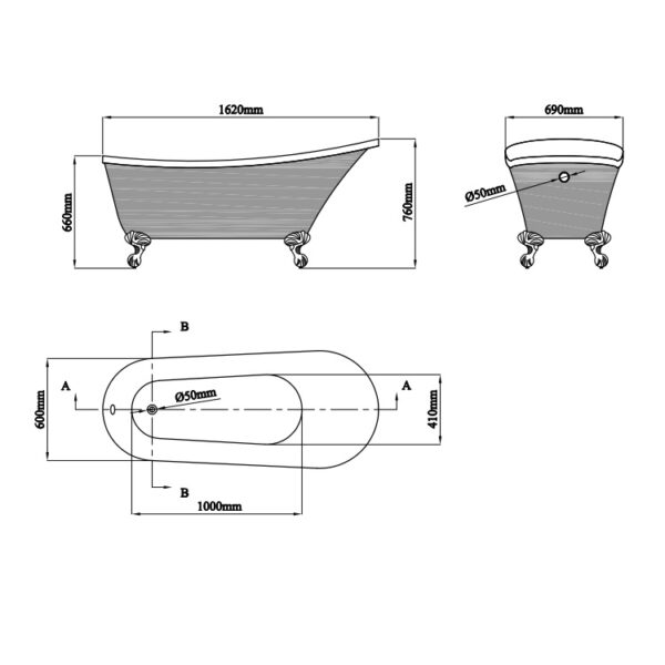 Eastbrook Richmond Freestanding Bath - 1620mm x 690mm - No TH - Image 10