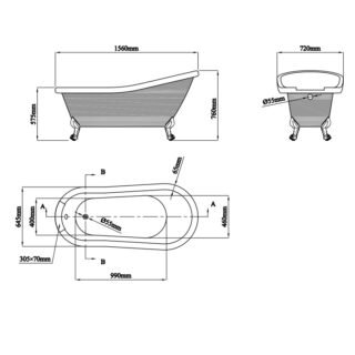 Eastbrook Trowbridge Freestanding Bath - 1560mm x 720mm - No TH - Image 10