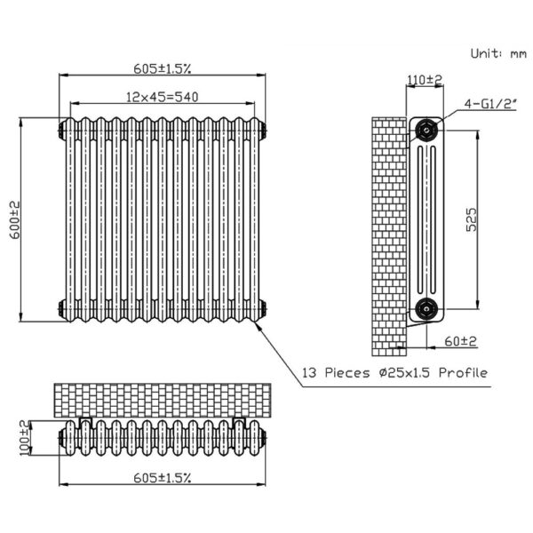 Eastbrook Imperia 3 Column Radiator - Bare Metal - Image 8