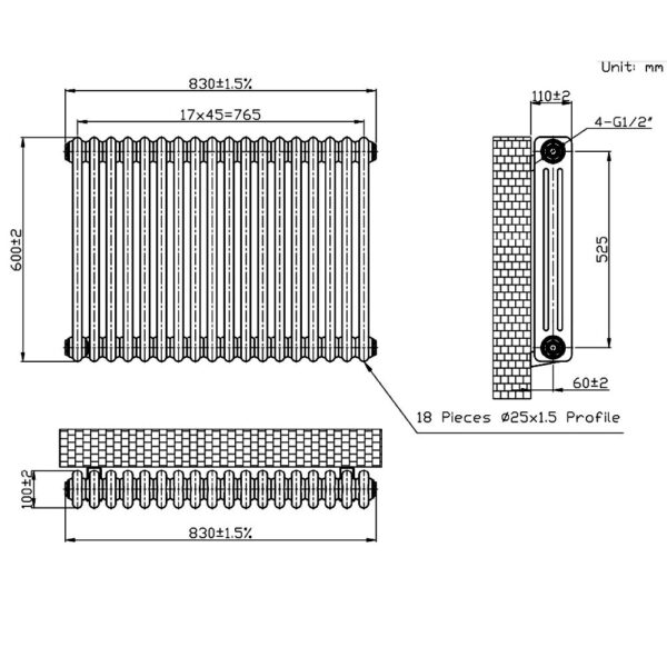 Eastbrook Imperia 3 Column Radiator - Bare Metal - Image 9