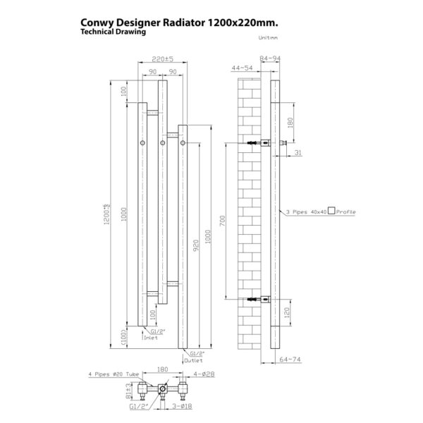 Eastbrook Conwy Designer Radiator - 1200mm x 260mm - Matt Black - Image 2