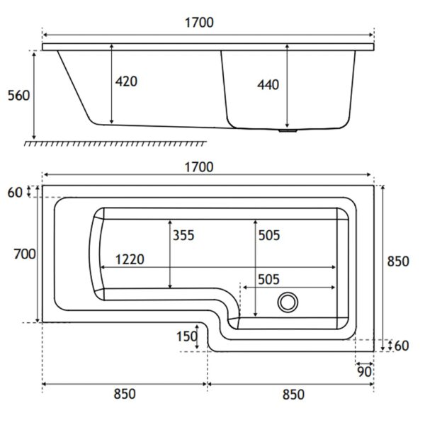 Eastbrook Portland L-Shaped Shower Bath - White - Image 9