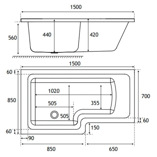 Eastbrook Portland L-Shaped Shower Bath - White - Image 4