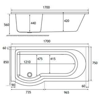 Eastbrook Portland Beauforte P-Shaped Shower Bath - White - Image 6