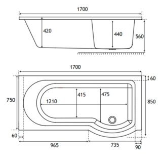 Eastbrook Portland Beauforte P-Shaped Shower Bath - White - Image 7