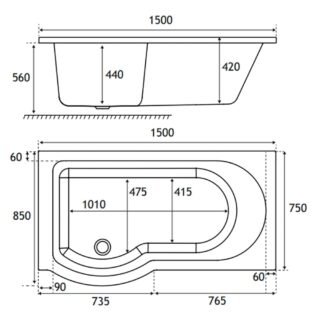 Eastbrook Portland Beauforte P-Shaped Shower Bath - White - Image 4