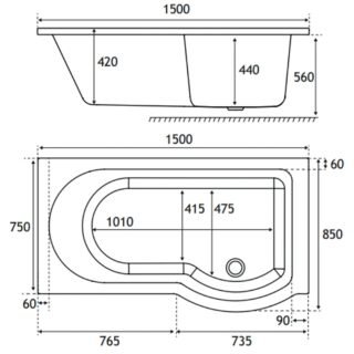 Eastbrook Portland Beauforte P-Shaped Shower Bath - White - Image 5