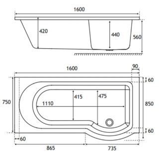 Eastbrook Portland P-Shaped Shower Bath - White - Image 7