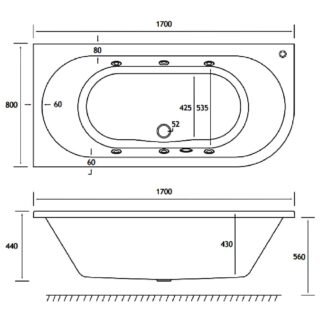 Eastbrook Biscay Beauforte Double Ended Whirlpool Bath - 1700mm x 800mm - 6 Jet - White - Image 2
