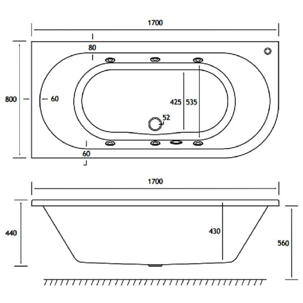 Eastbrook Biscay Beauforte Double Ended Whirlpool Bath - 1700mm x 800mm - 6 Jet - White - Image 2