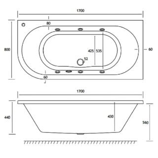 Eastbrook Biscay Beauforte Double Ended Whirlpool Bath - 1700mm x 800mm - 6 Jet - White - Image 3