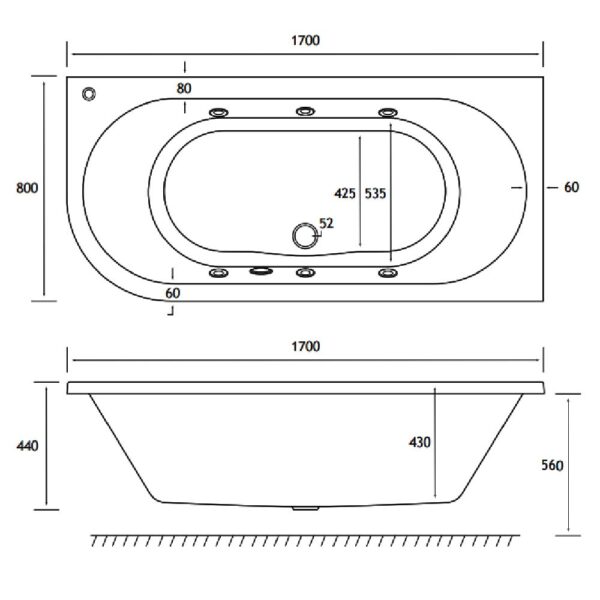 Eastbrook Biscay Beauforte Double Ended Whirlpool Bath - 1700mm x 800mm - 6 Jet - White - Image 3