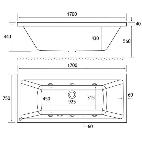 Eastbrook Portland Beauforte Double Ended Whirlpool Bath - 1700mm x 750mm - 6 Jet - White - Image 2