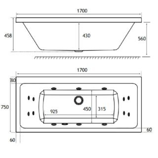 Eastbrook Portland Beauforte Double Ended Whirlpool Bath - 1700mm x 750mm - 14 Jet - White - Image 2