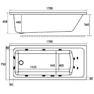 Eastbrook Portland Beauforte Single Ended Whirlpool Bath - 1700mm x 750mm - 14 Jet - White - Image 2