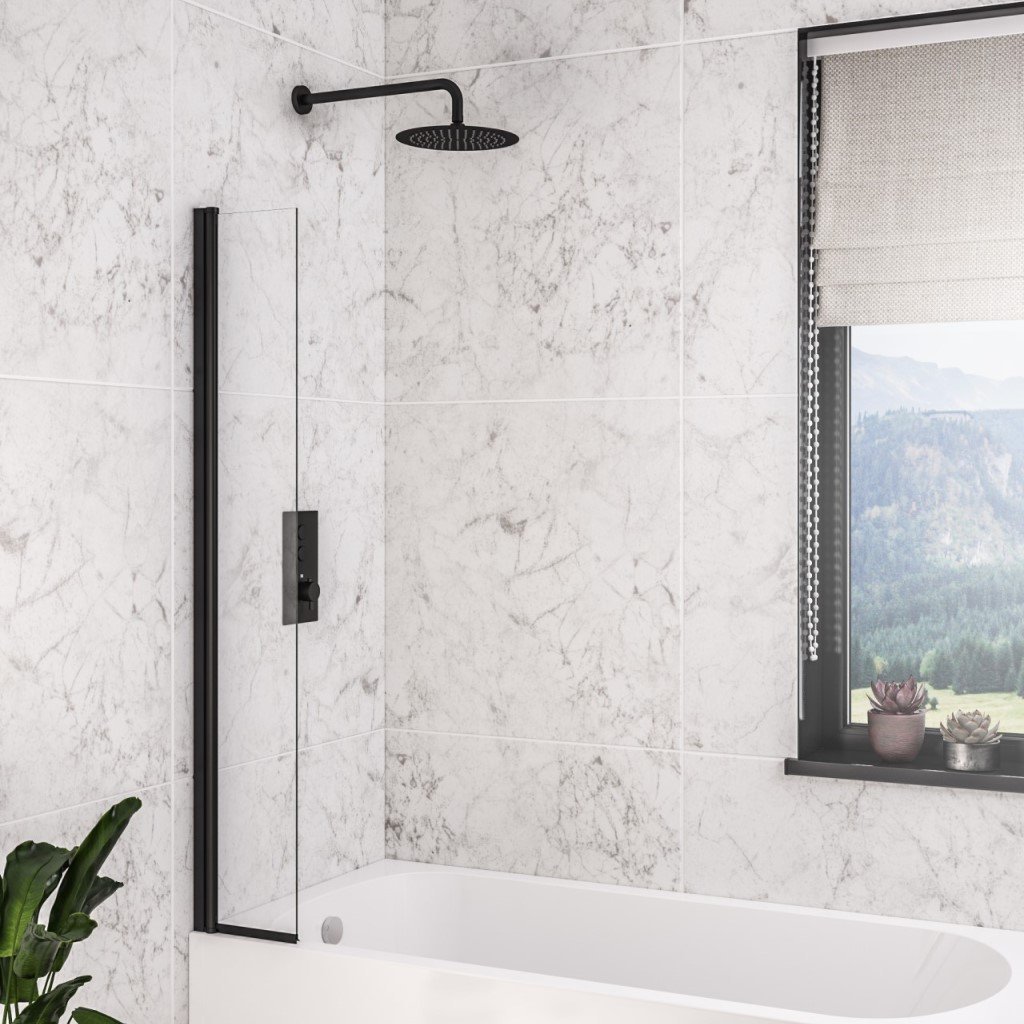 Eastbrook Hinged Bath Screen – 6mm Glass – 1400mm x 300mm - Matt Black