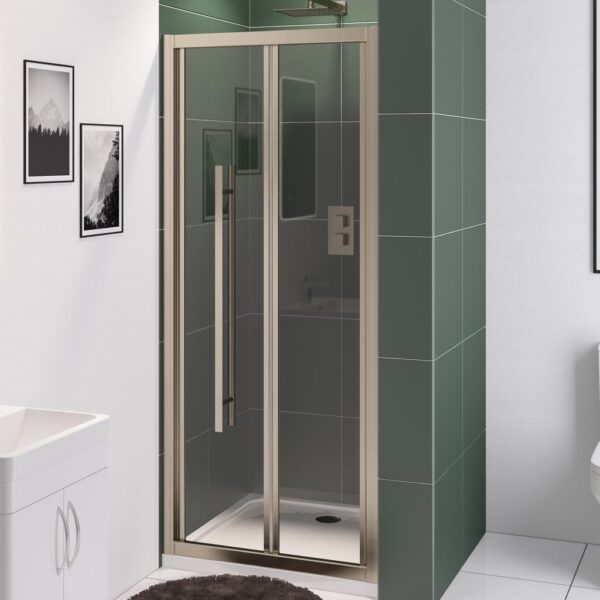 Eastbrook Vantage Easy Clean Recessed Bifold Shower Door - 6mm Glass - Brushed Brass