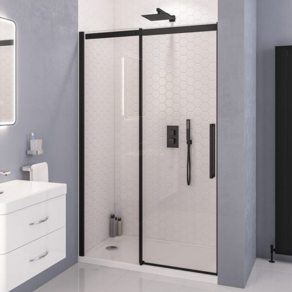 Eastbrook Corniche Semi Frameless Sliding Shower Door With Side Panel - 8mm Glass - Matt Black