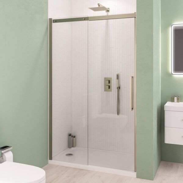 Eastbrook Corniche Semi Frameless Sliding Shower Door With Side Panel - 8mm Glass - Brushed Brass