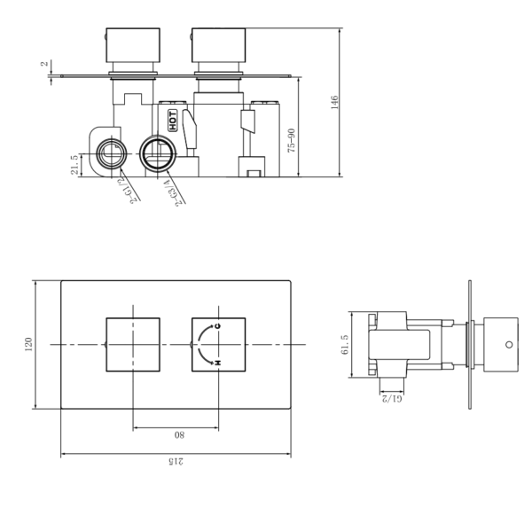 Eastbrook Square 2 Outlet 2 Handles Thermostatic Concealed Shower Valve - Image 2