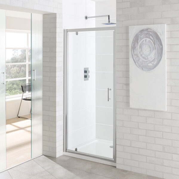 Eastbrook Vantage Pivot Shower Door With Side Panel And Towel Rail - 6mm Glass - Chrome