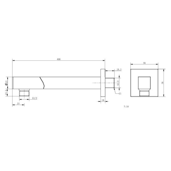 Eastbrook Square Wall Mounted Shower Arm - 400mm Long - Chrome - Image 2