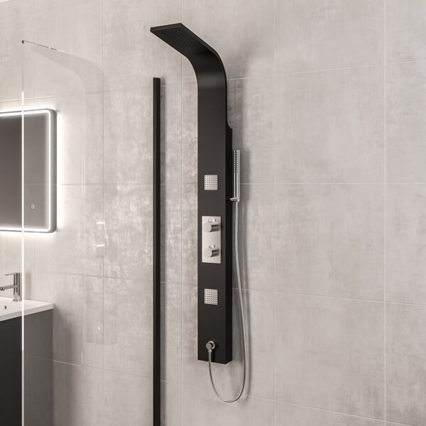 Eastbrook Ardour Shower Panel With Thermostatic Valve, Body Jets, Round Shower Handset & Hose - Chrome/Black