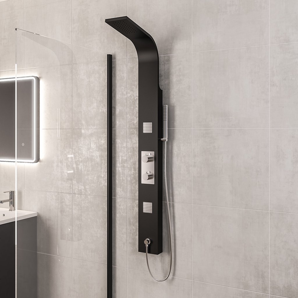 Eastbrook Ardour Shower Panel With Thermostatic Valve, Body Jets, Round Shower Handset & Hose - Chrome/Black